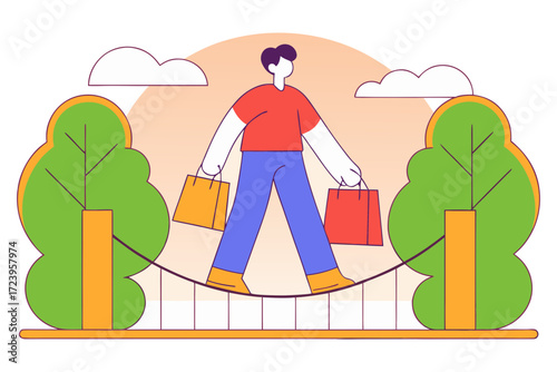 Person balancing with shopping bags on a tightrope isolated on transparent background
