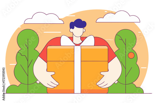 Man holding a large gift box isolated on transparent background