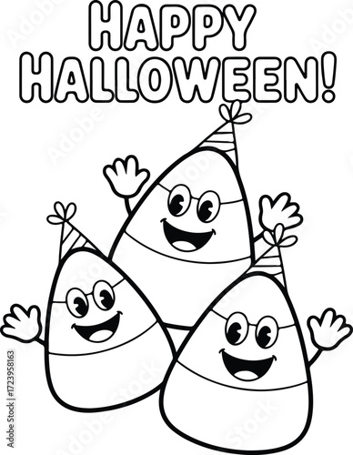 Festive candy corn characters wish Happy Halloween