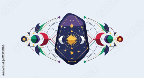 Celestial Gemstone with Crescent Moons and Sunburst Design.