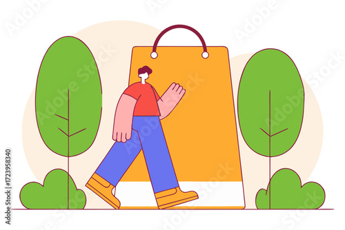 Man walking next to a large shopping bag with trees isolated on transparent background