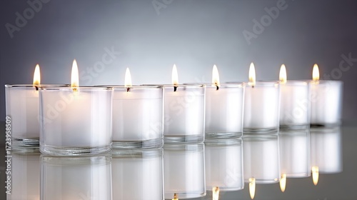 Symmetrical Arrangement of Small Candles With Soft Flames on a Polished Surface