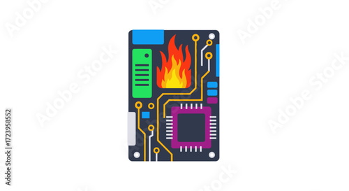 Circuit board overheating with flames, symbolizing a critical system failure or a cybersecurity threat.
