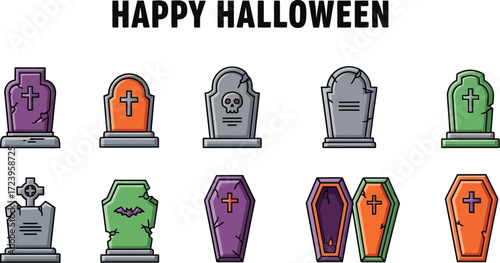Happy halloween vector illustration featuring gravestones and coffins for spooky season celebration