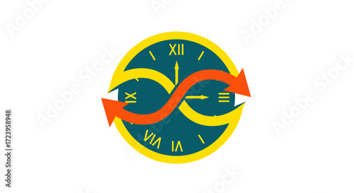 Clock with infinity symbol and arrows representing time flow.