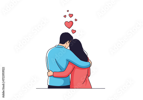 A loving couple embracing with hearts floating above them.