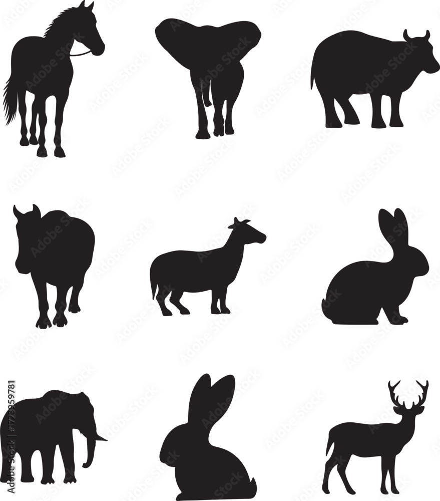 Obraz premium Animal Silhouette Set of Horse, Elephant, Cow, Goat, Rabbit, and Deer Vector Illustration.
