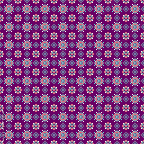Deep Purple Floral Geometric Seamless Pattern. Fuchsia and Teal Folk Art Tile. Moroccan Mandala Fabric Print. Abstract Vintage Boho Wallpaper Background.