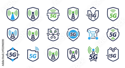 Collection of 5G network technology shield logos and icons.