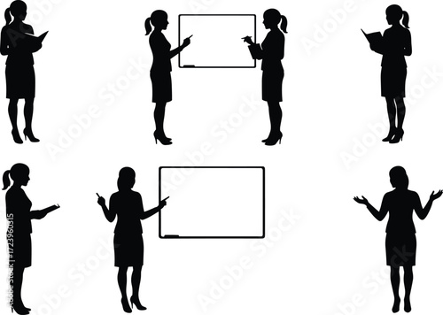 teacher, lecturer, trainer, professor, presenter, tutor, mentor, educator, woman, silhouette, book, folder, chart, staff, design, teacher icon, lecturer silhouette, female presenter, classroom figure