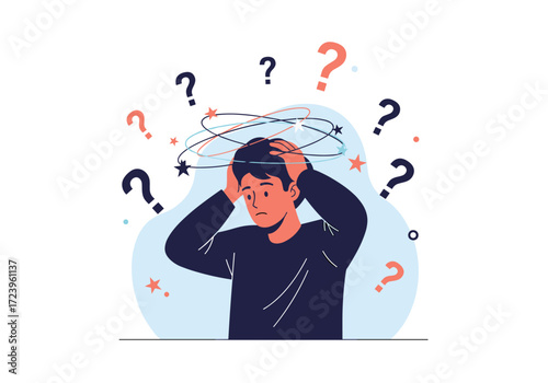 Man confused by many questions around his head.
