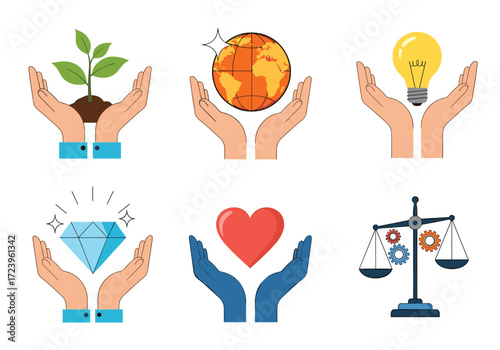 Hands holding symbols of growth the earth and a light bulb.