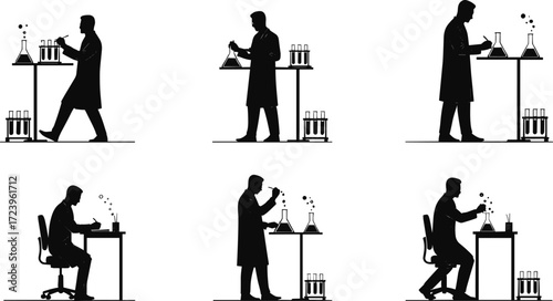 scientist, researcher, laboratory, experiment, chemistry, science, professional, lab coat, flask, beaker, test tube, clipboard, icon, vector, illustration, black, white, study, analysis, staff, design