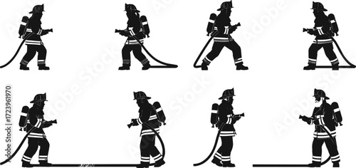 Firefighter silhouette vector with hose walking fireman emergency worker in uniform safety gear firefighting rescue operation illustration design