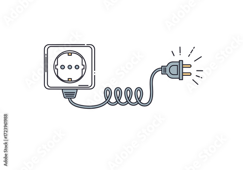 A coiled electrical cord connects a power plug to a wall socket.