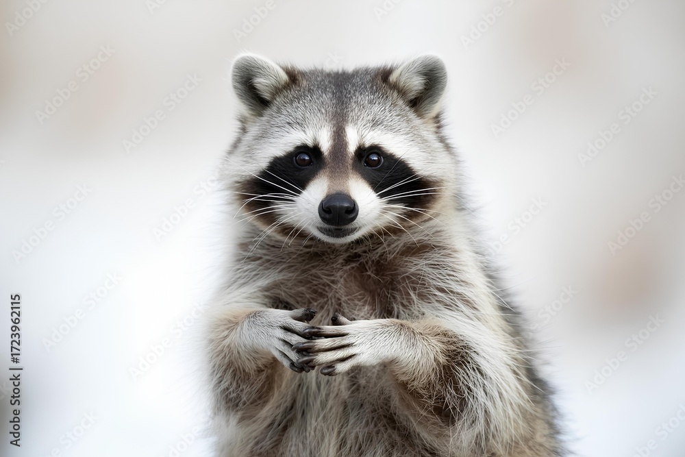 Fototapeta premium Portrait of a cute funny raccoon, closeup, isolated on a white background, furry wild animal with charming face, curious playful mammal looking lovely and adorable, sweet wildlife pet nature view