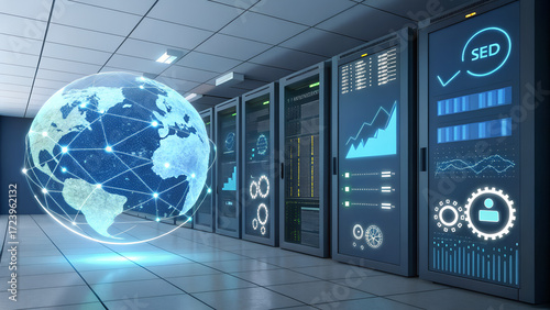 Servers in a data center with digital screens and a holographic connected earth