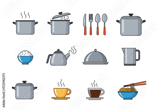 A collection of cooking utensils and dishes for food preparation.