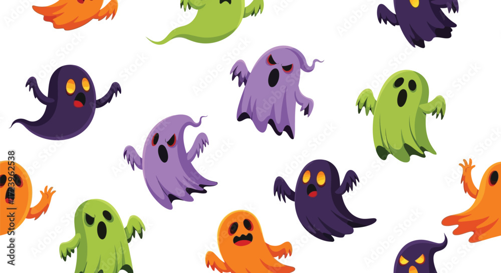 Naklejka premium Seamless pattern with colorful spooky ghosts halloween festive design for wrapping paper, textile, and decoration