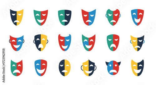 Collection of colorful theatrical masks depicting various emotions.