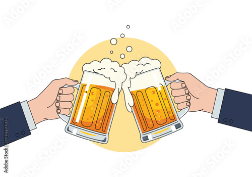 Two hands clinking glasses of frothy beer together in celebration.