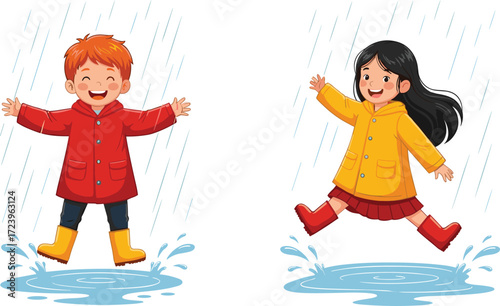 Happy cartoon boy and girl in raincoats jumping in puddles under rainfall, children playing outdoors in rainy weather vector illustration