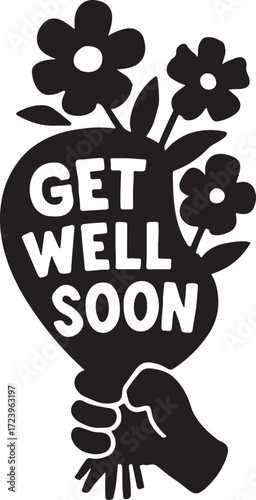 Get well soon flower bouquet silhouette vector, caring gift illustration, minimal floral design