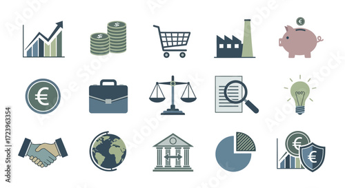 Collection of diverse business and finance related icons.