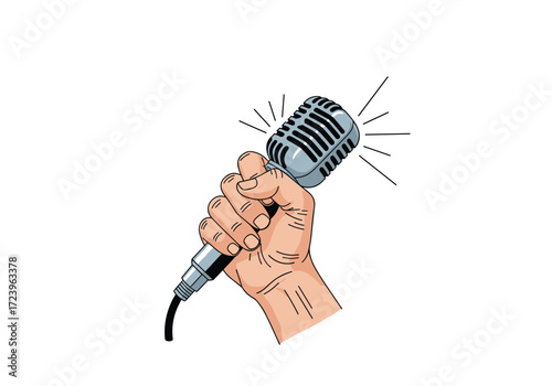 Hand holding an old fashioned microphone for voice recording and broadcasting.
