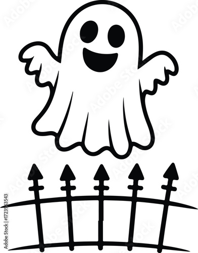 Spooky ghost hovering over fence for Halloween