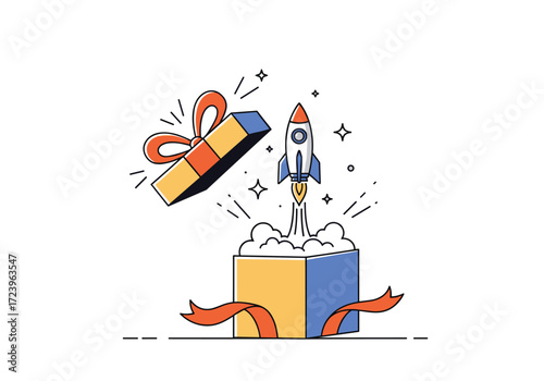A rocket launching out of a gift box with red ribbon.