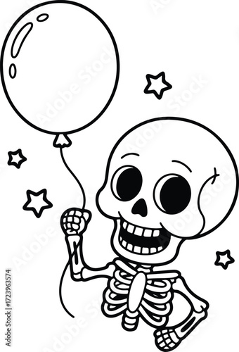 Fun skeleton holding balloon ready for Halloween