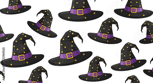 Seamless pattern of witch hats, adorned with stars and purple buckles for a magical halloween theme