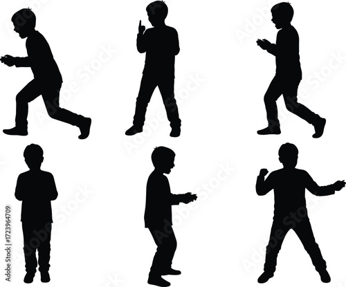 Silhouettes of a little boy in various poses, showing different actions and emotions, ideal for children's projects.