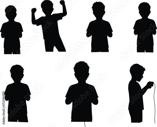 Silhouettes of a little boy in various poses, showing different actions and emotions, ideal for children's projects.