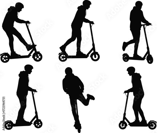 Silhouettes of a person riding an electric scooter in various poses, showing modern urban transport and city mobility.