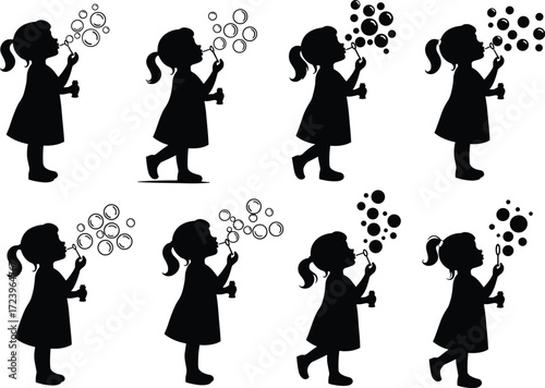 Silhouettes of a little girl blowing bubbles, symbolizing childhood joy, innocence, and carefree fun in a playful activity.