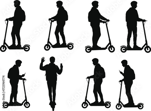 Silhouettes of a person riding an electric scooter in various poses, showing modern urban transport and city mobility.