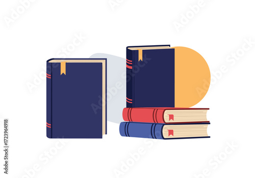 A stack of colorful books is illustrated on a white background with a large orange circle behind them.