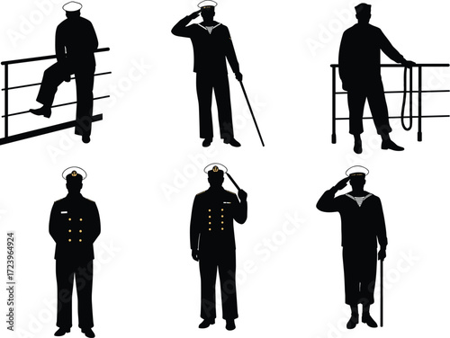 Silhouettes of a sailor and a naval officer in various poses, with and without uniforms, showing different ranks and duties.