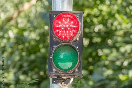 Traffic light mounted on a pole in an urban landscape, with three colored lenses red, yellow, green Red and green contrast against the natural backdrop of lush green trees and blue sky No peopl