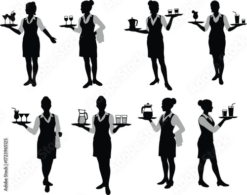 Silhouettes of a female waitress serving drinks, carrying trays with beverages and cocktails, showcasing professional hospitality service.