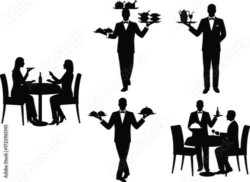 Silhouettes of a waiter serving food, carrying trays, and attending to restaurant customers in a fine dining environment.
