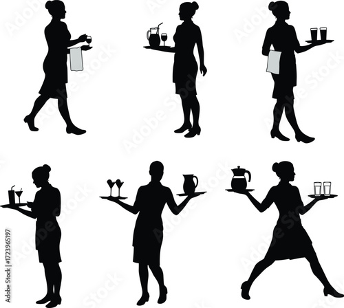 Silhouettes of a female waitress serving drinks, carrying trays with beverages and cocktails, showcasing professional hospitality service.