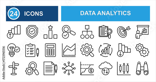 Minimalist data analytics line icon set with editable stroke, featuring reveal, search, evaluate, processing, chart, ranking, box plot, bubble chart, and cloud in clean thin linear style.