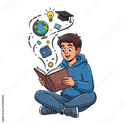 Teenager Absorbed in Reading with Symbolic Knowledge Floating Above Him Illustration