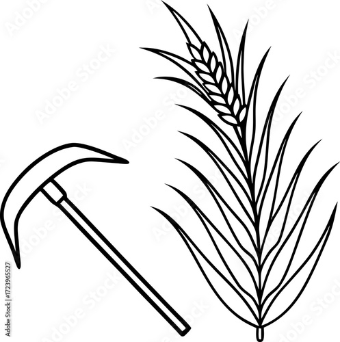 Simple line drawing of paddy field sickle tool isolated vector, Traditional farming tool illustration, Folk agriculture line art, Minimal vector of harvesting sickle for rice fields