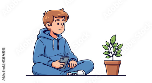 Vector illustration of a thoughtful teenage boy sitting with a phone and looking at a growing plant