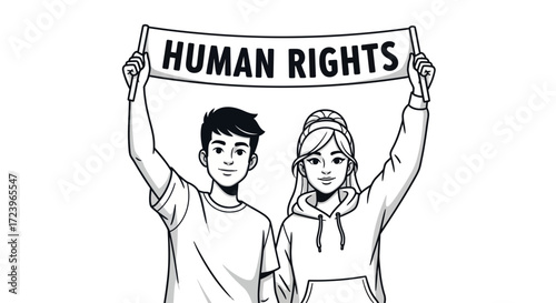 Two Young People Holding a Banner Promoting Human Rights and Equality
