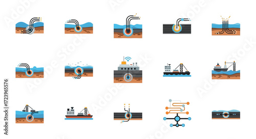 Collection of industrial infrastructure and engineering diagrams illustrating various construction and operational processes.